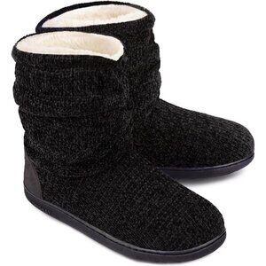 Women's Black Cozy Winter Warm Knit Memory Foam Non Slip Slipper Bootie Shoes